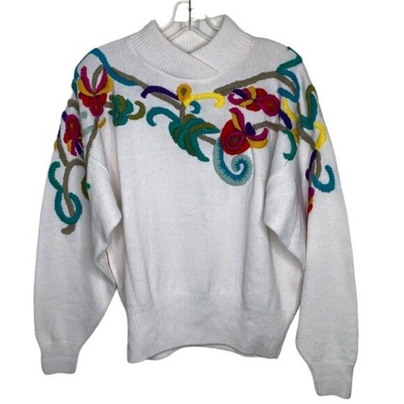 Vintage Floral Embroidered White Cowl Neck Sweater Large Maurada 70s 80s 1970s - Picture 1 of 5